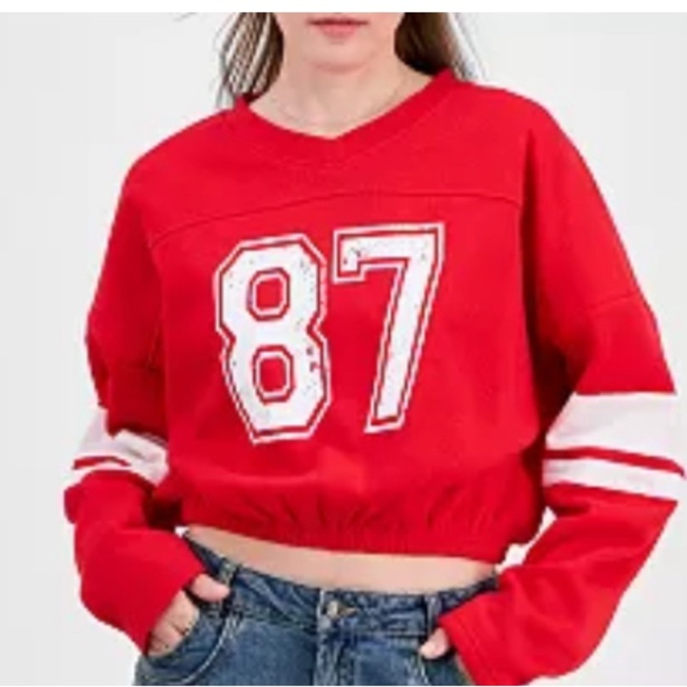 Red and White Crop Jersey with Varsity Number